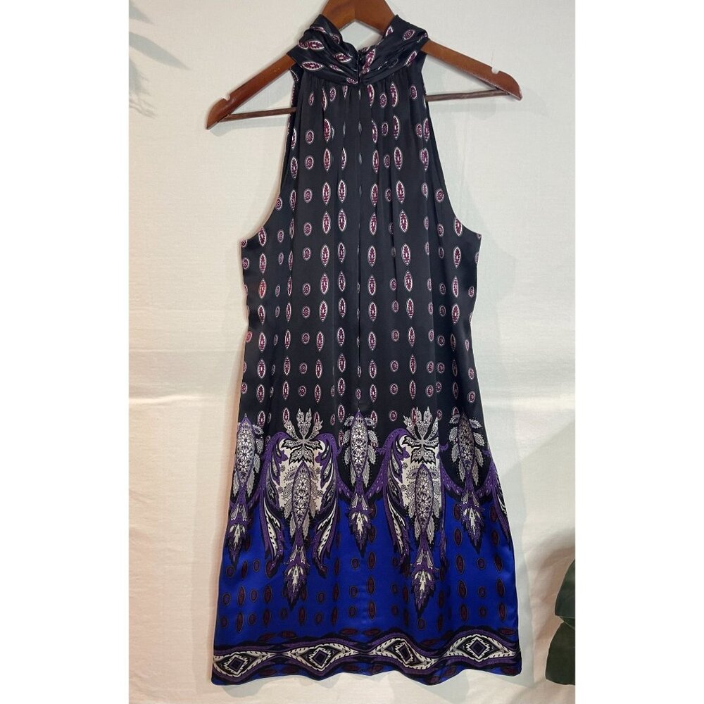 Vintage Sleeveless Silk Dress Black & Purple Paisley Print Halter Neck Size M